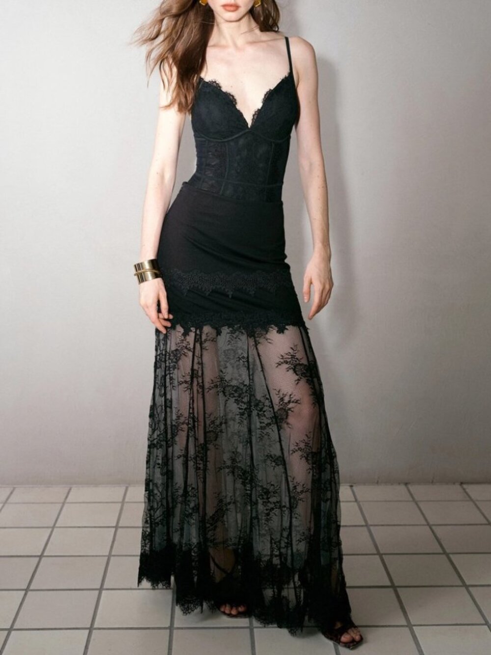 Black Lace Corset Spaghetti Strap Sheer Skirt Maxi Dress
